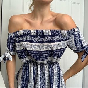 2 for 10$ Medium White and Blue patterned off the Shoulders top